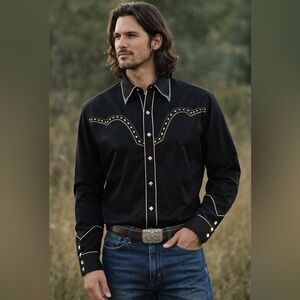 Scully Diamond Snap Western Shirt Mens Medium Black Pearl Snap Cowboy Shirt